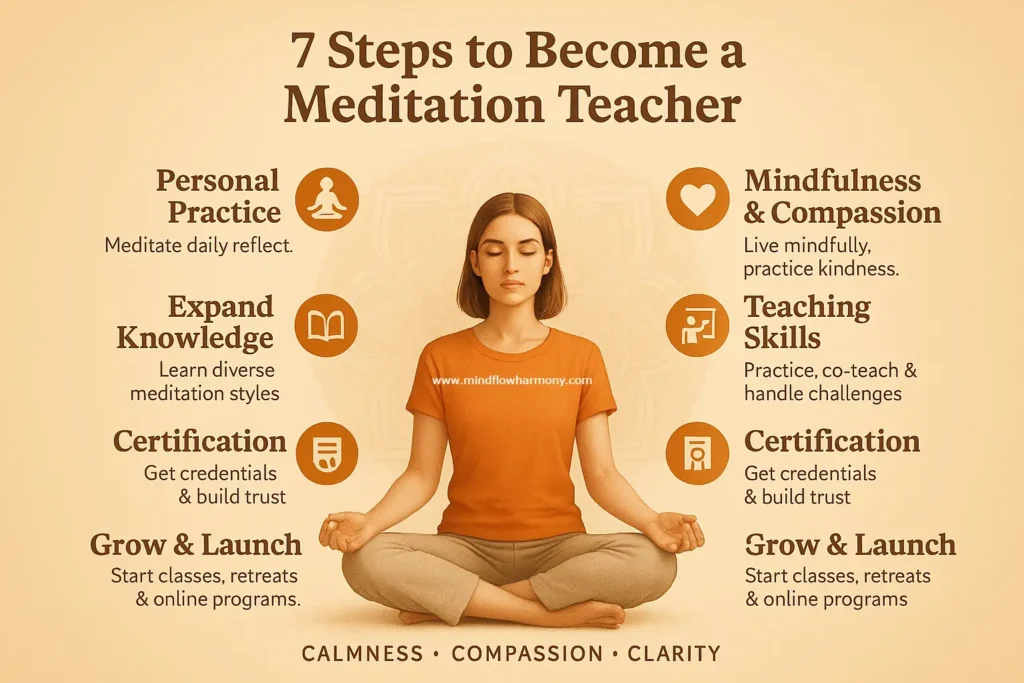 A hyper-realistic 4K infographic in brownish (#f4961e) tones showing a young girl sitting in a lotus meditation pose at the center. Around her, seven circular icons with short text describe the steps to become a meditation teacher: 1. Personal Practice – Meditate daily & reflect, 2. Mindfulness & Compassion – Live mindfully, practice kindness, 3. Expand Knowledge – Learn diverse meditation styles, 4. Teaching Skills – Practice, co-teach & handle challenges, 5. Certification – Get credentials & build trust, 6. Build Community – Find your niche & connect, 7. Grow & Launch – Start classes, retreats & online programs. Title at the top reads “7 Steps to Become a Meditation Teacher,” and the footer says “Calmness • Compassion • Clarity.”